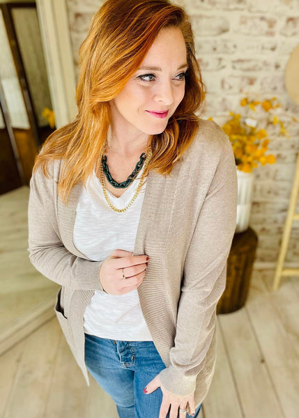 Woman wearing Taupe Basic Open Cardigan 