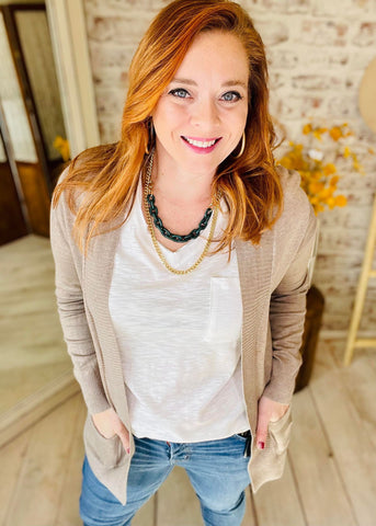 Woman wearing Taupe Basic Open Cardigan 
