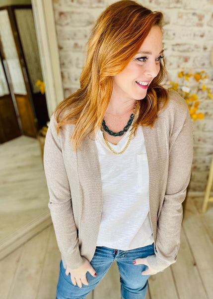 Woman wearing Taupe Basic Open Cardigan 