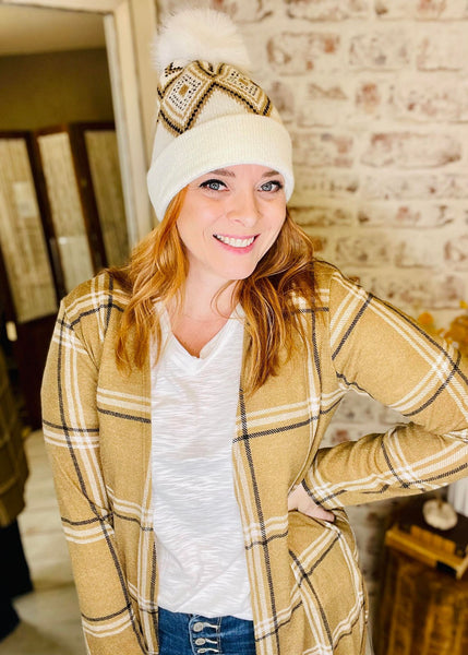 Woman wearing Long Plaid Open Cardigan with a Matching Beanie 