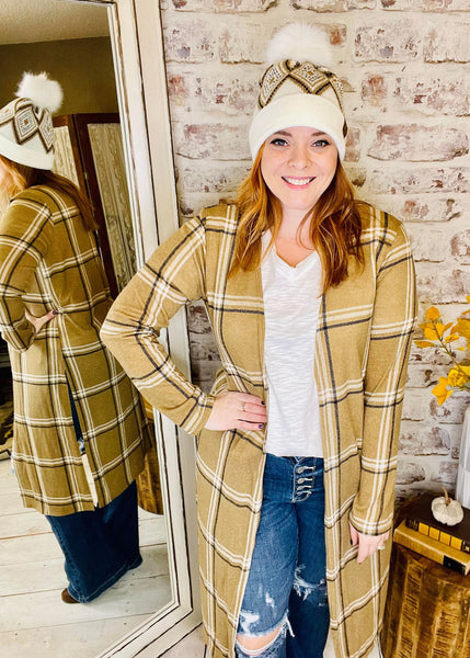 Woman wearing Long Plaid Open Cardigan with a Matching Beanie 