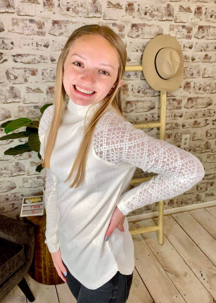 Mock Neck Lace Sleeve Ivory Sweater