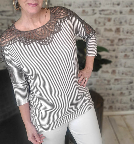 Woman wearing Mocha Stripe Lace Shoulder Top 