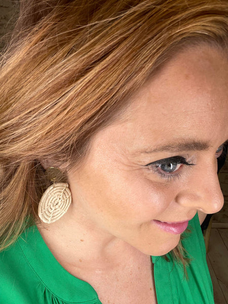 Gold and White Rattan Disc Earrings