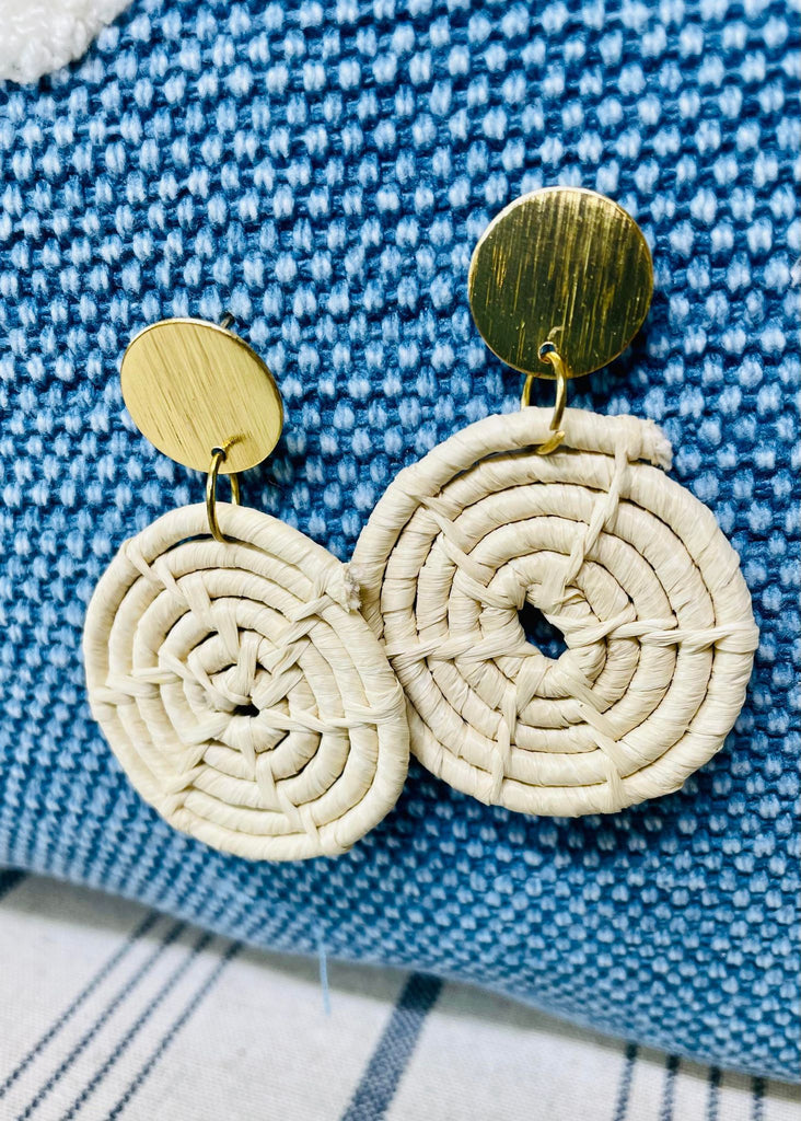 Gold and White Rattan Disc Earrings